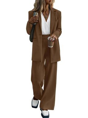 Women's Coffee Polyester Blend Casual Loose Long Wide Leg 2 Piece Blazer Set